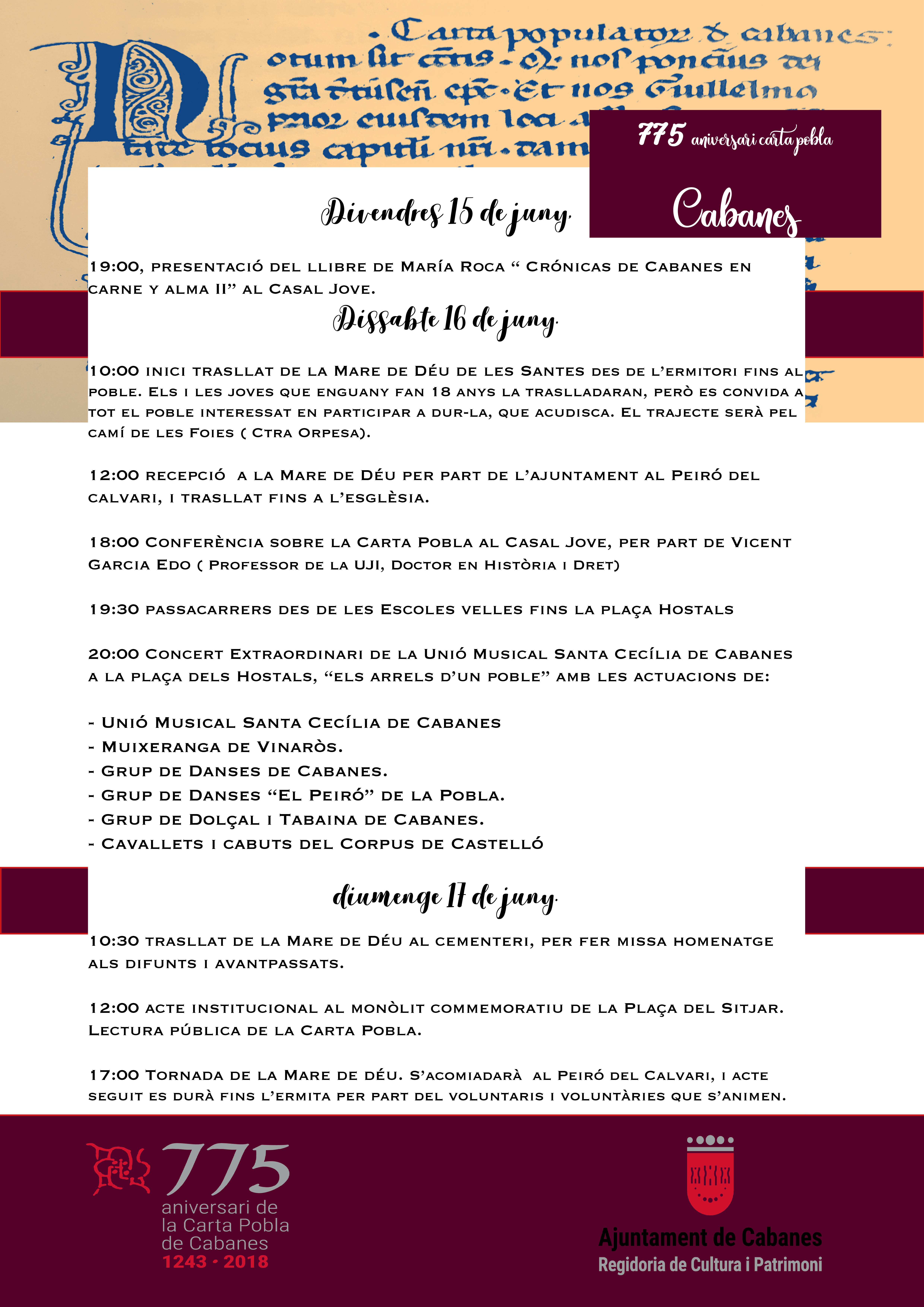 Programación actos 775 aniversario Carta Pobla Cabanes